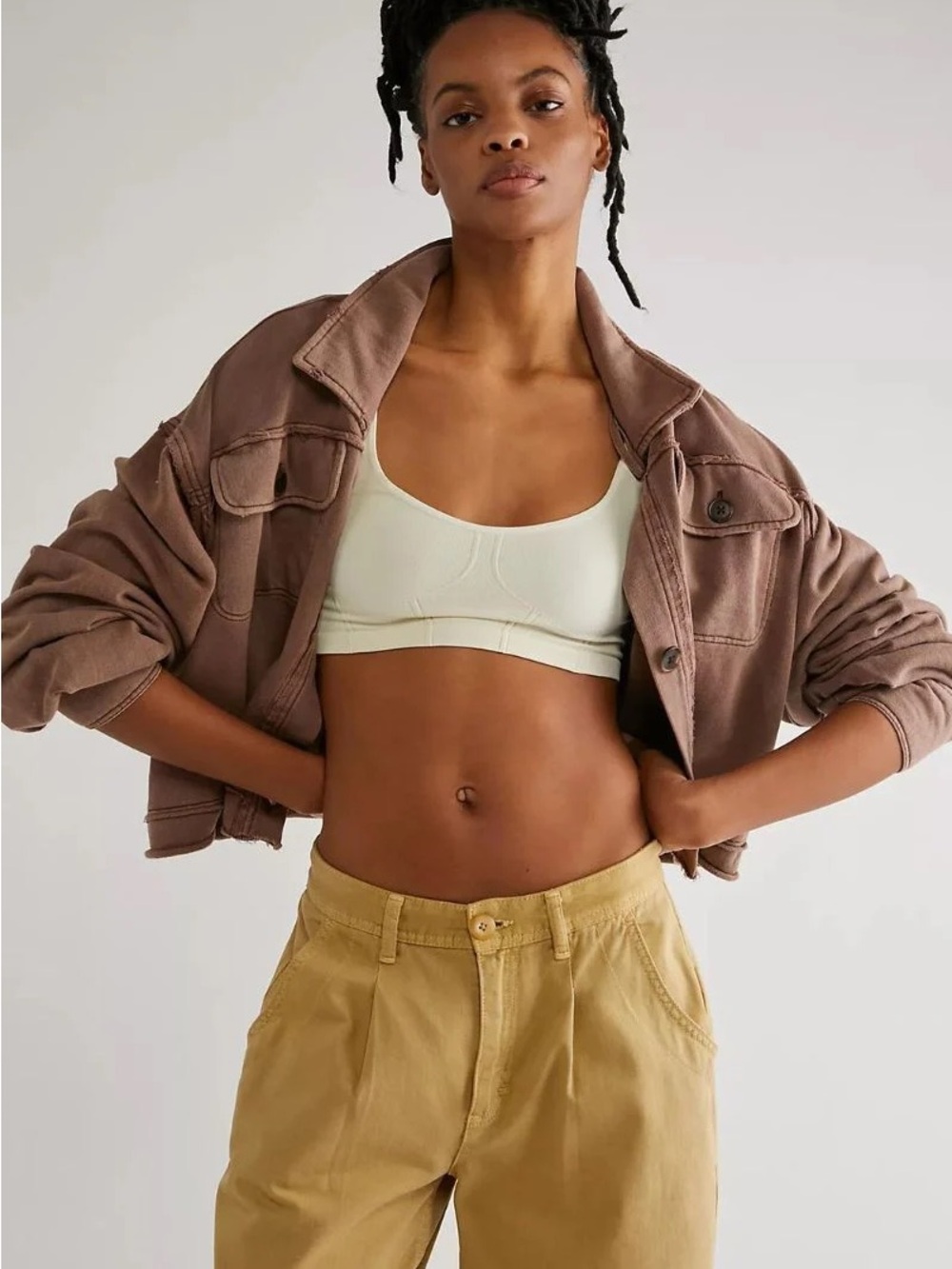 Free People Cropped Washed Brown Shirt Jacket